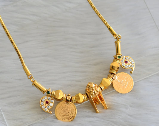 Gold tone pink-green-white stone mango Lakshmi coin thiru mangalyam with 30 inches chain dj-44667
