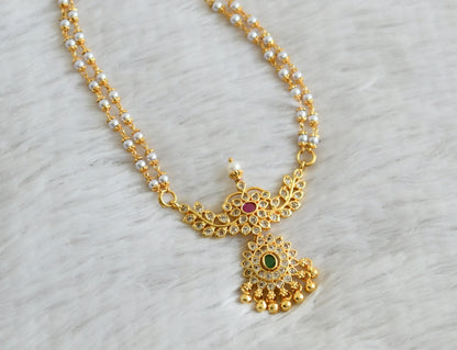 Gold tone kemp-green-white flower pendant with 30inches pearl double layer chain dj-48805