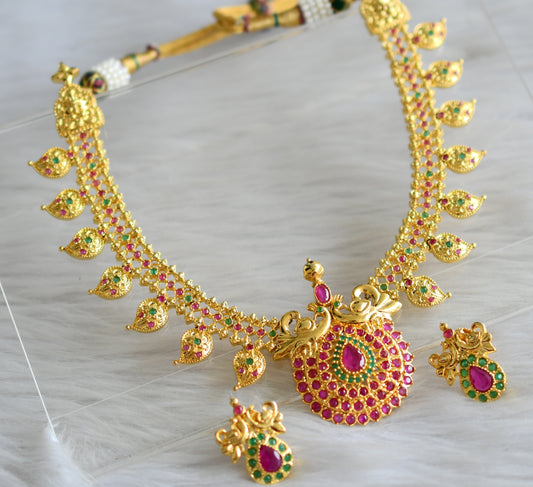 Gold tone ruby-emerald peacock mango necklace set dj-02021