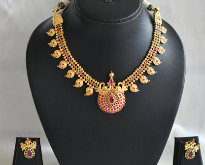 Gold tone ruby-emerald peacock mango necklace set dj-02021