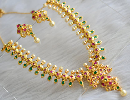 Gold tone ruby-emerald pearl necklace set dj-02013