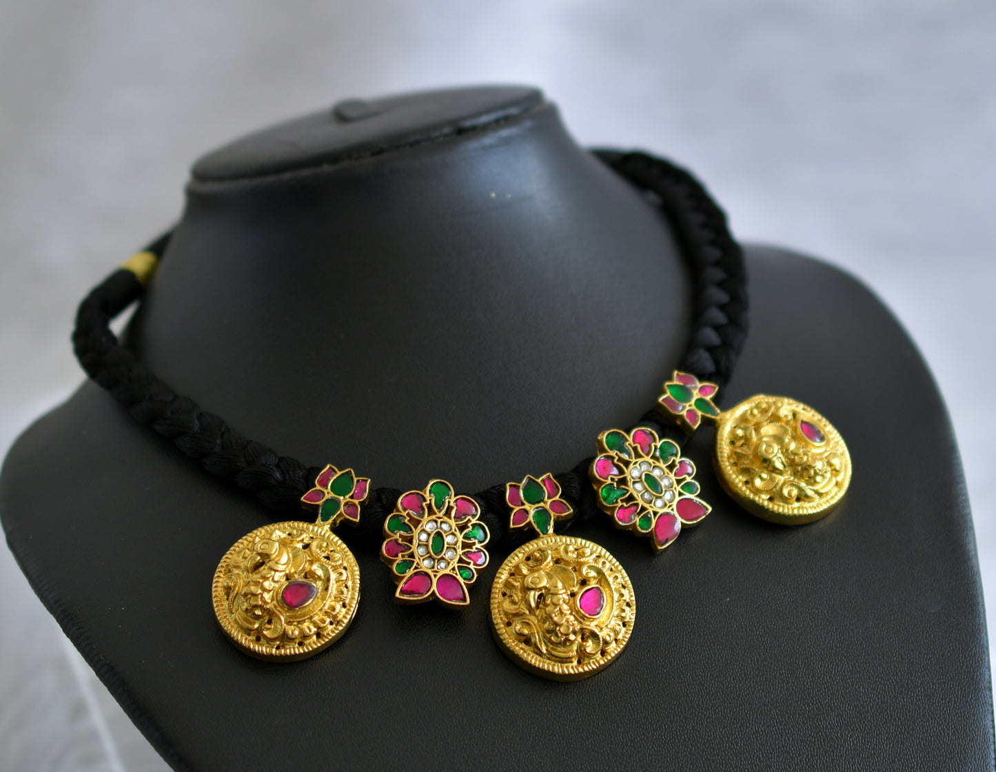 Gold tone Black silk thread kundan jadau Swan necklace dj-34098