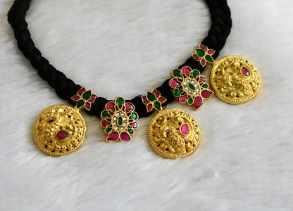 Gold tone Black silk thread kundan jadau Swan necklace dj-34098