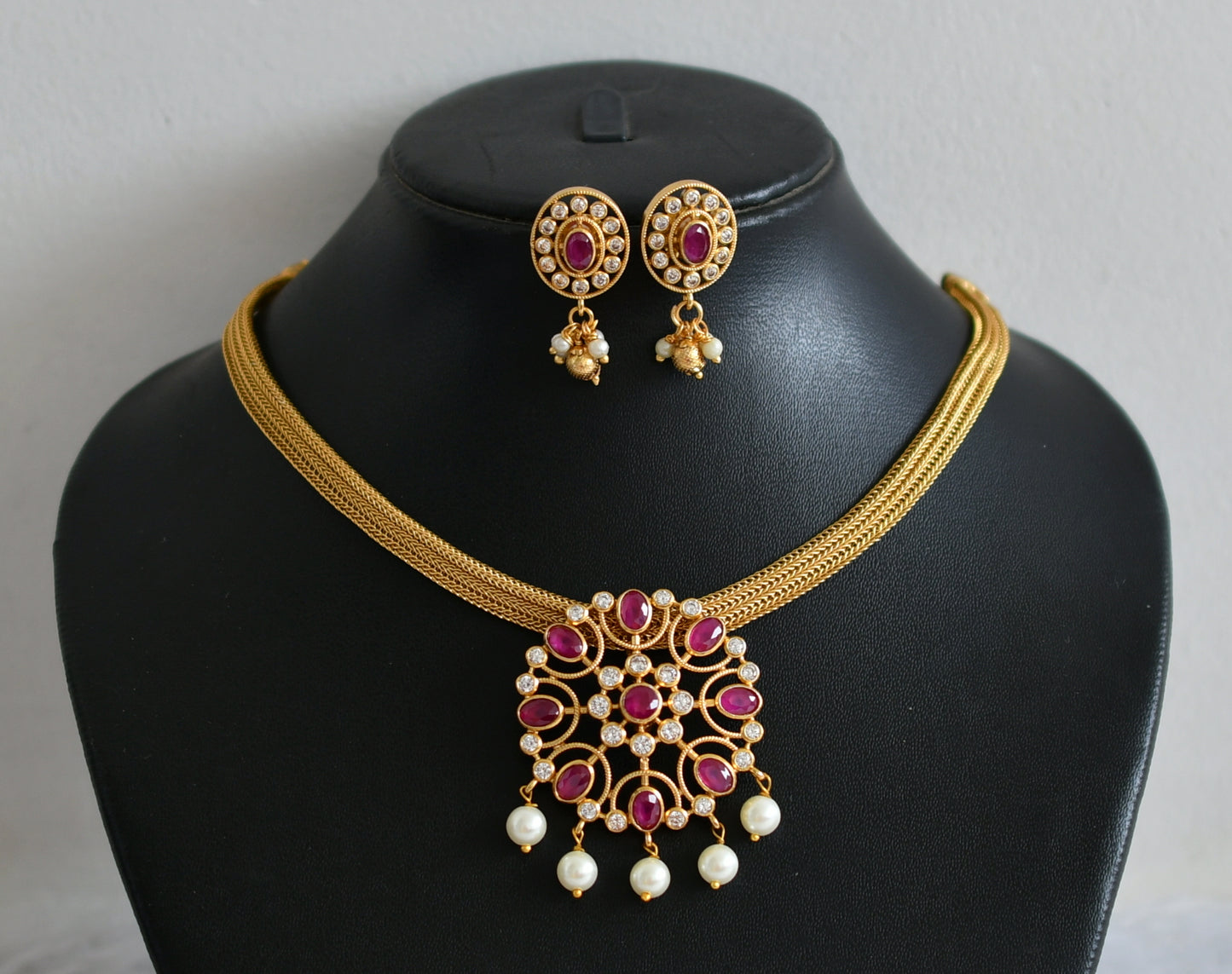 Matte finish cz ruby flower necklace set dj-48849