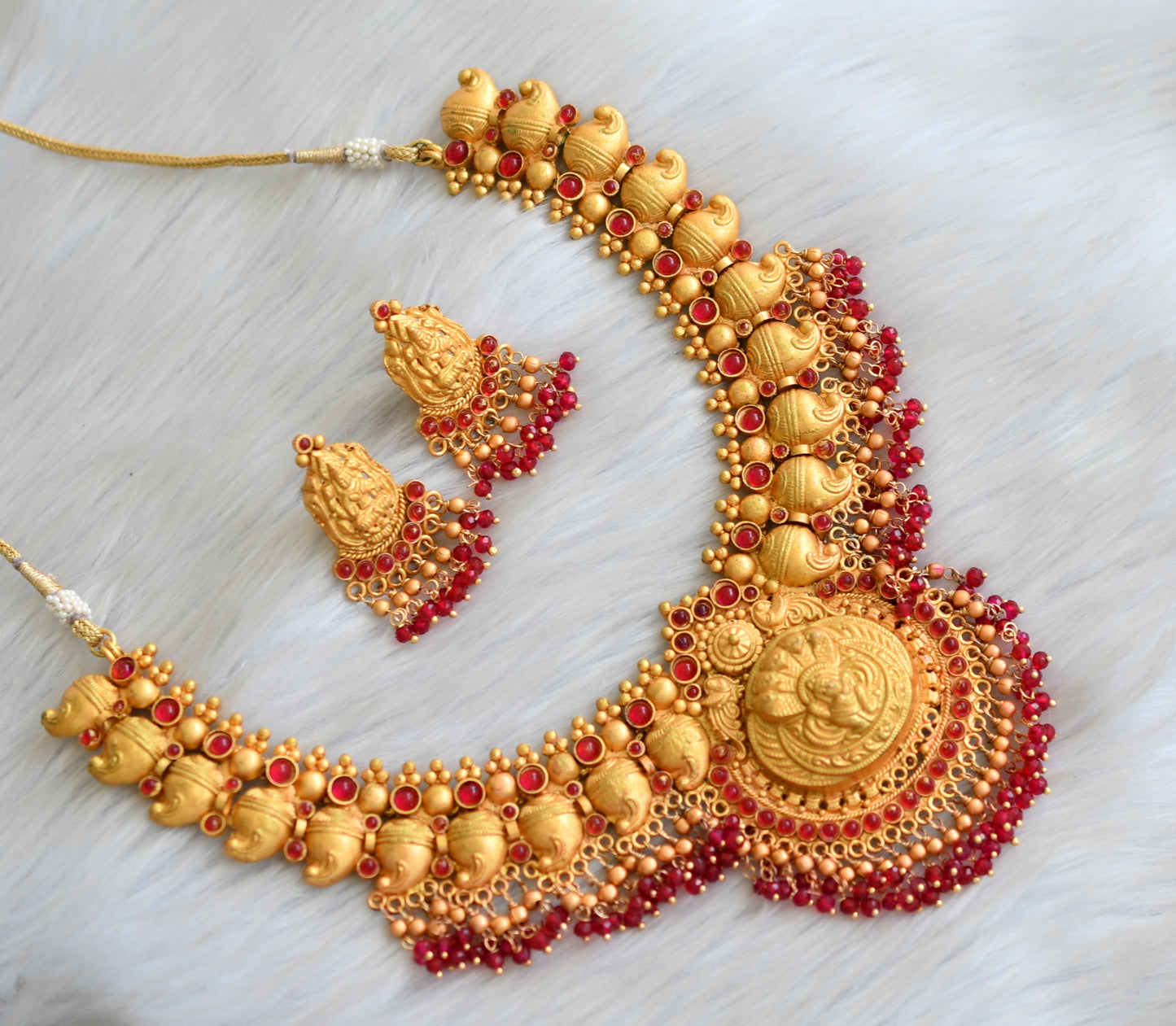 Matte finish ruby Lakshmi necklace set dj-07230