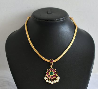 Gold tone precious kemp-green-pearl flower attigai necklace dj-50778