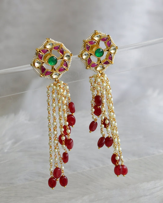 Gold tone Pink-green Kundan Jadau Pearl Long Earrings DJ22535