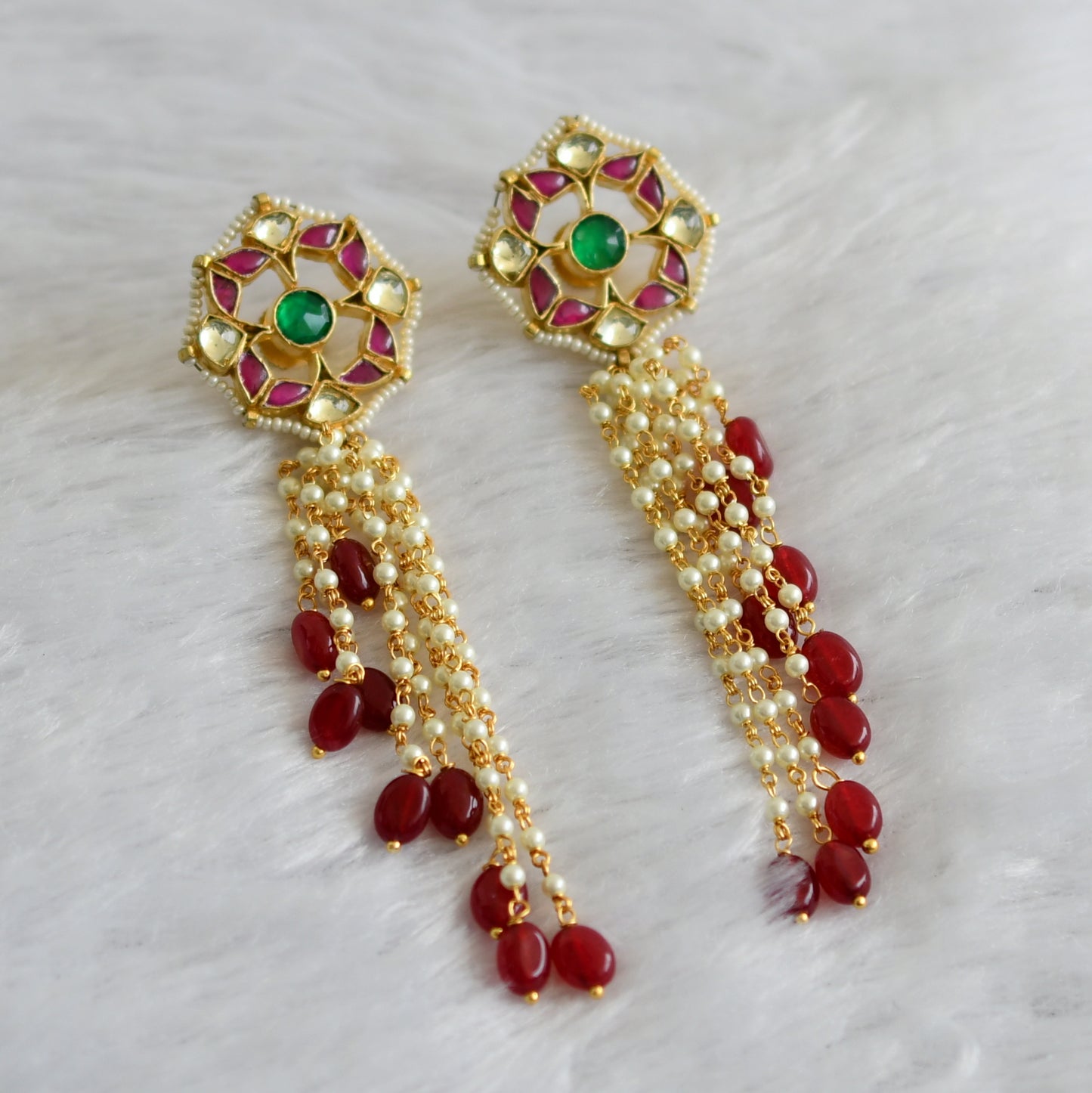 Gold tone Pink-green Kundan Jadau Pearl Long Earrings DJ22535