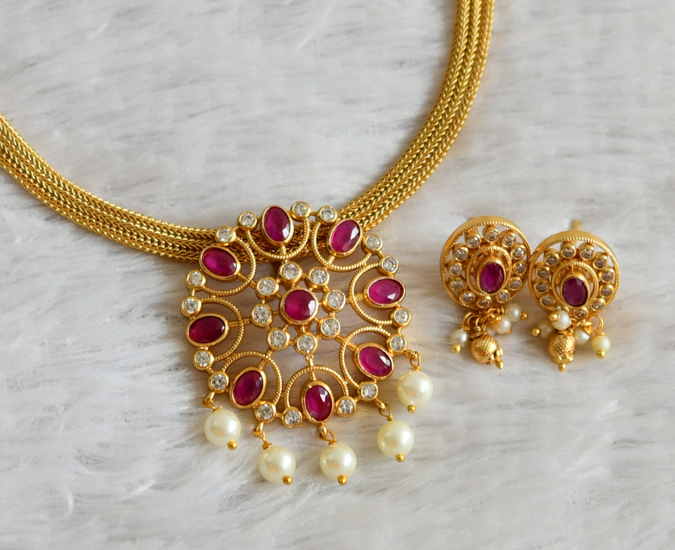 Matte finish cz ruby flower necklace set dj-48849