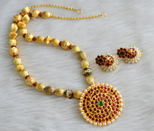 Gold tone round Kemp-green pendant hand made temple necklace set dj-02798