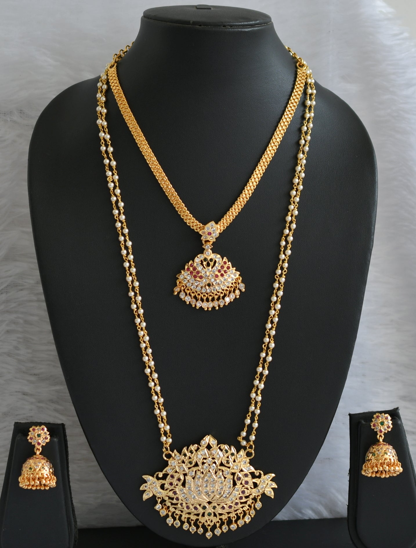 Gold tone ad pink-green-white pearl lotus-swan combo necklace set dj-47045