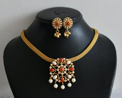 Matte finish cz coral-pearl flower necklace set dj-48853