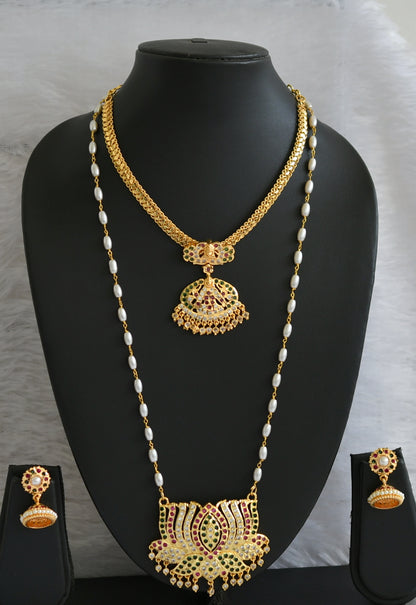Gold tone ad pink-green-white pearl lotus-lakshmi combo necklace set dj-47046
