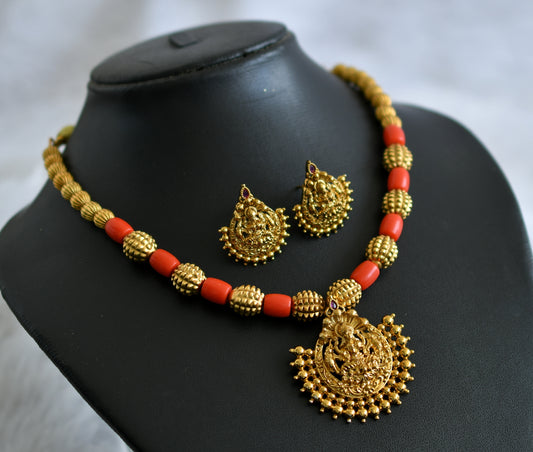 Matte finish coral beaded kemp stone lakshmi necklace set dj-47049