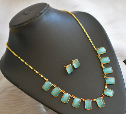 Gold tone sea green block stone necklace set dj-45391