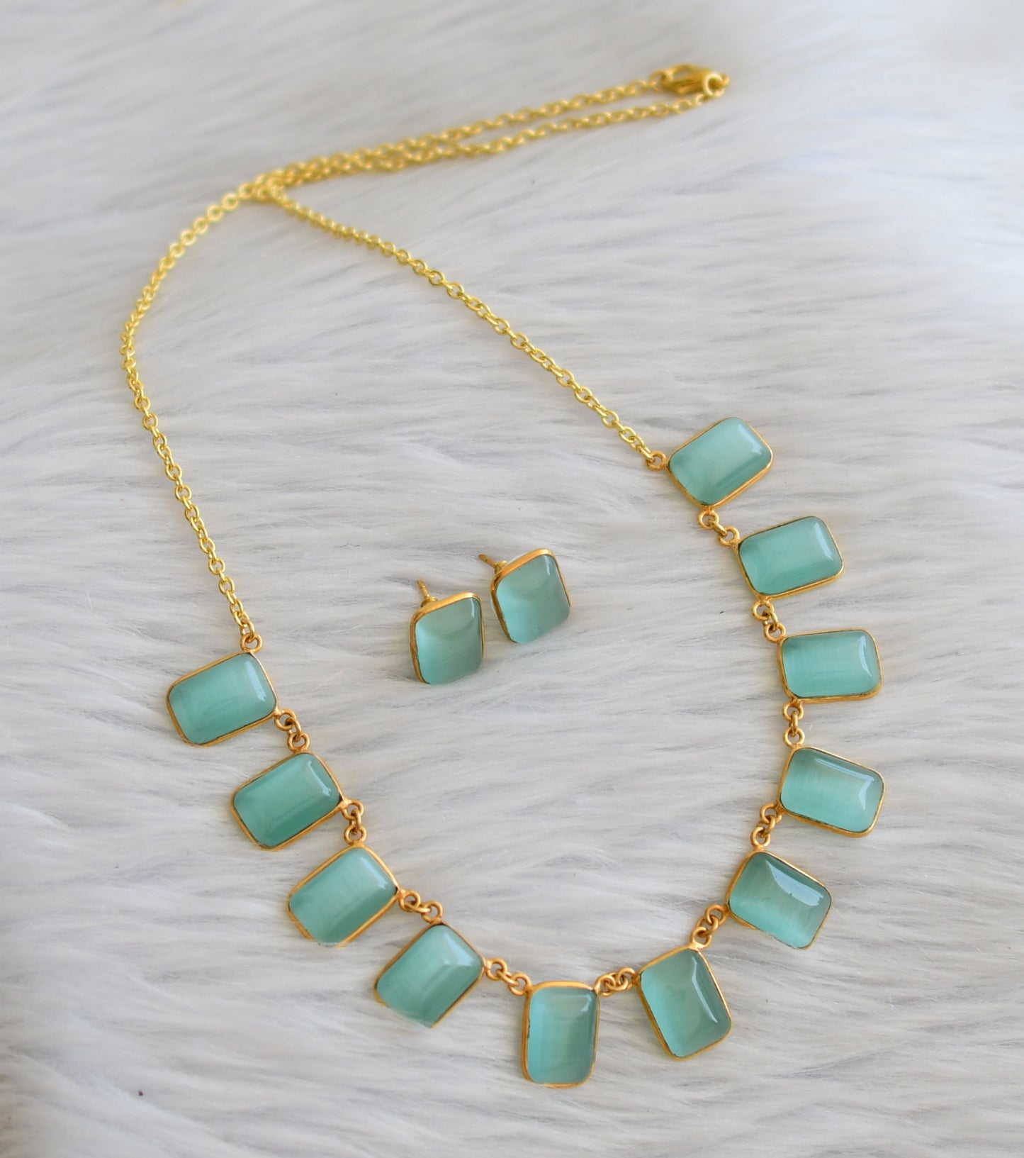 Gold tone sea green block stone necklace set dj-45391