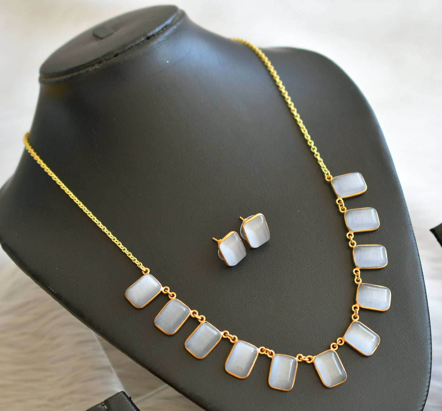 Gold tone grey block stone necklace set dj-45393