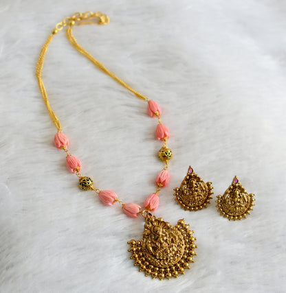 Matte finish baby pink tulip beaded kemp stone lakshmi necklace set dj-47048