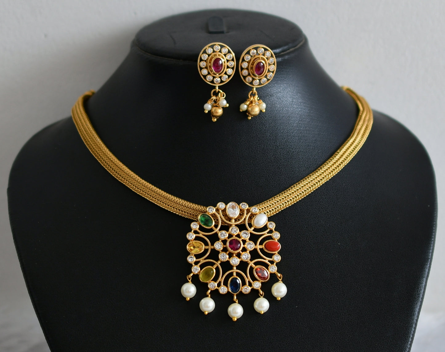 Matte finish cz navarathana flower necklace set dj-48854