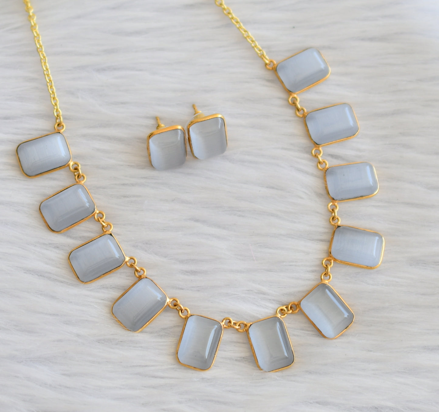 Gold tone grey block stone necklace set dj-45393