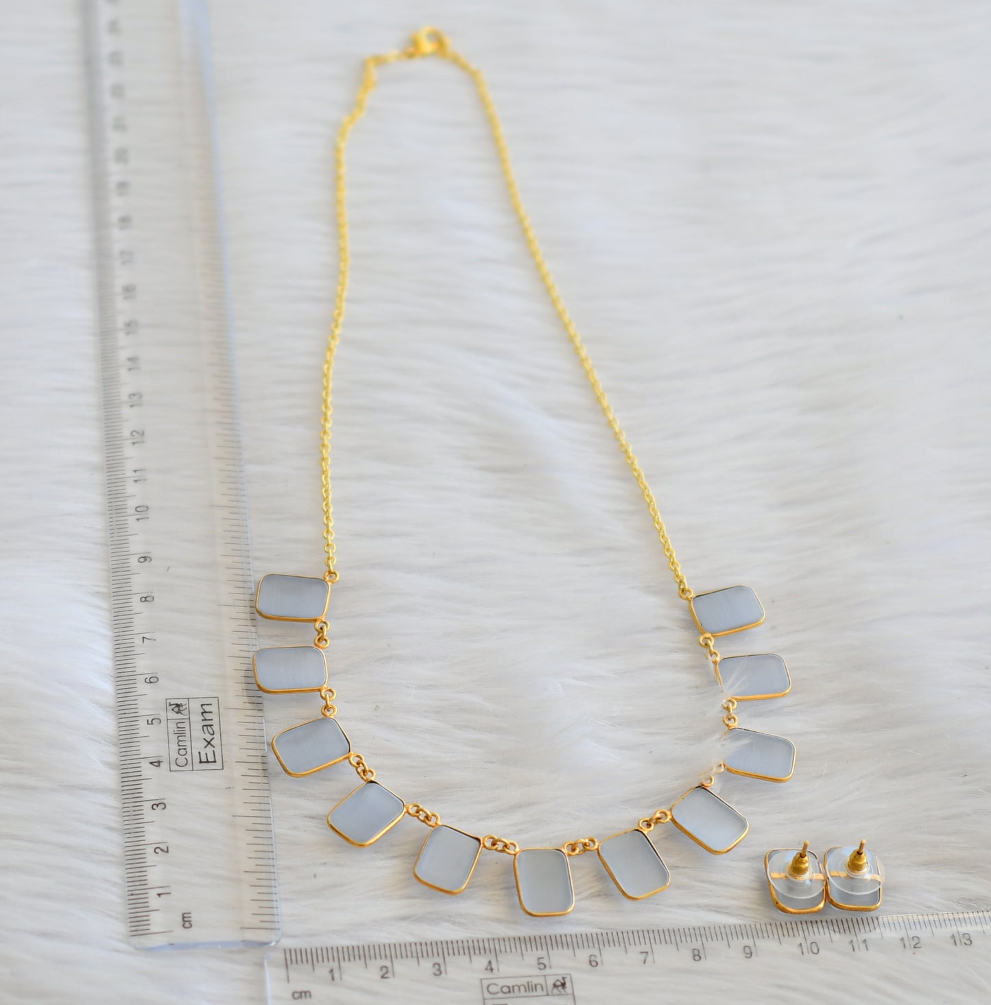 Gold tone grey block stone necklace set dj-45393