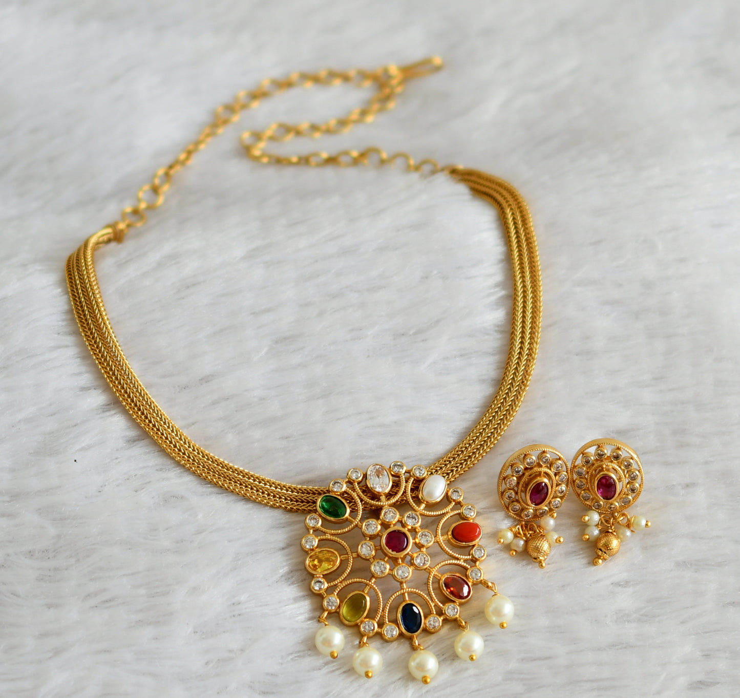 Matte finish cz navarathana flower necklace set dj-48854