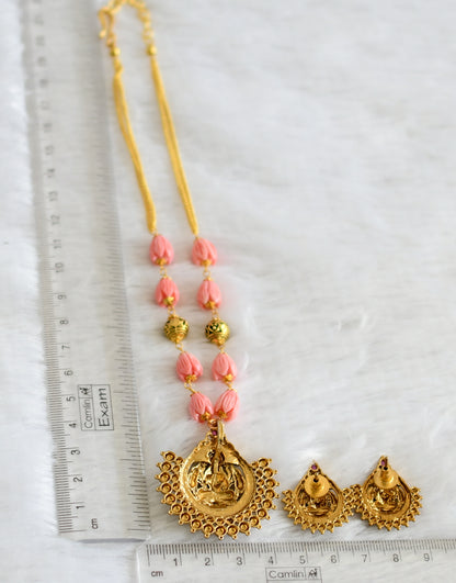 Matte finish baby pink tulip beaded kemp stone lakshmi necklace set dj-47048