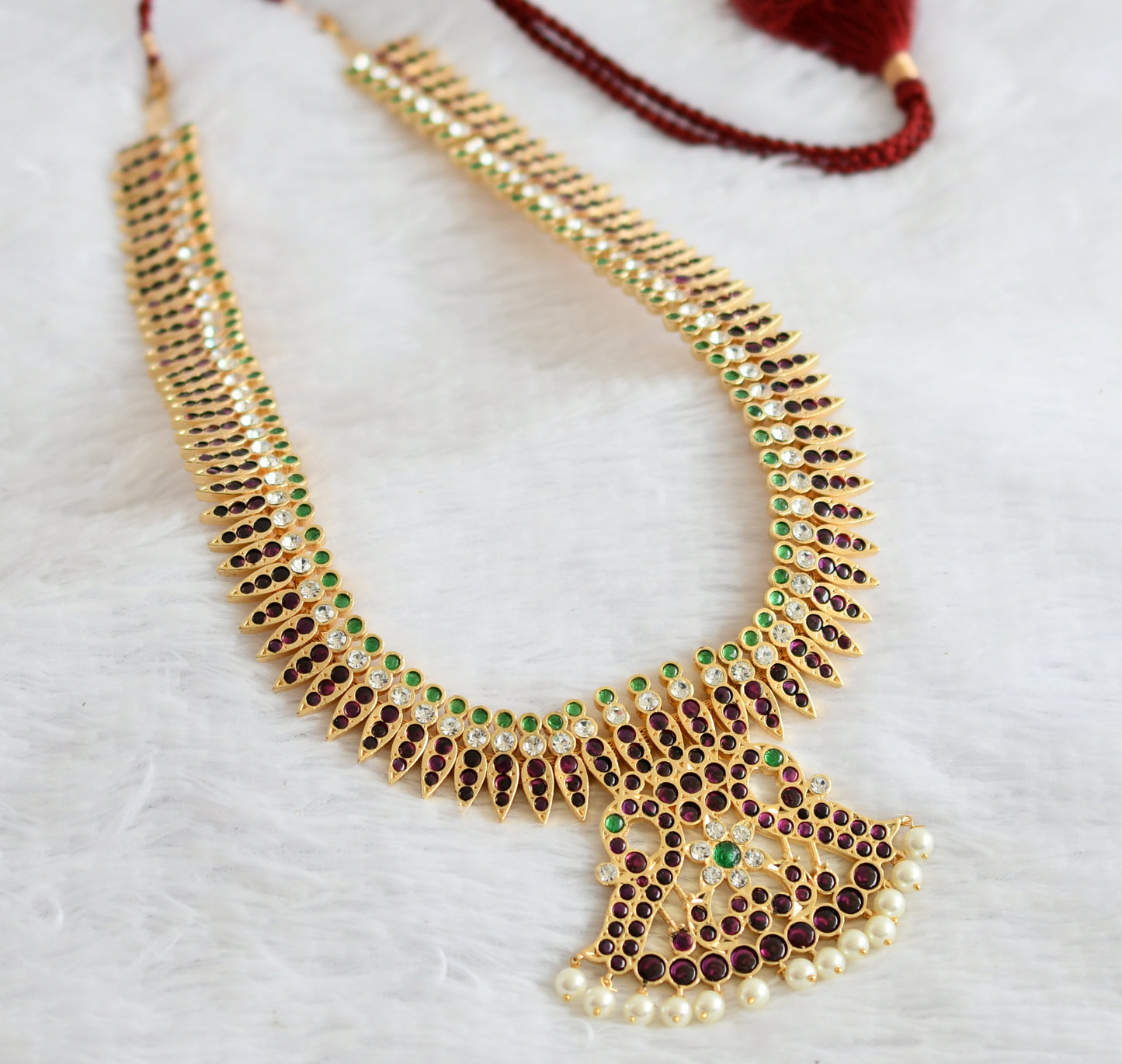 Gold tone precious kemp-green white peacock mulla mottu haar dj-50787