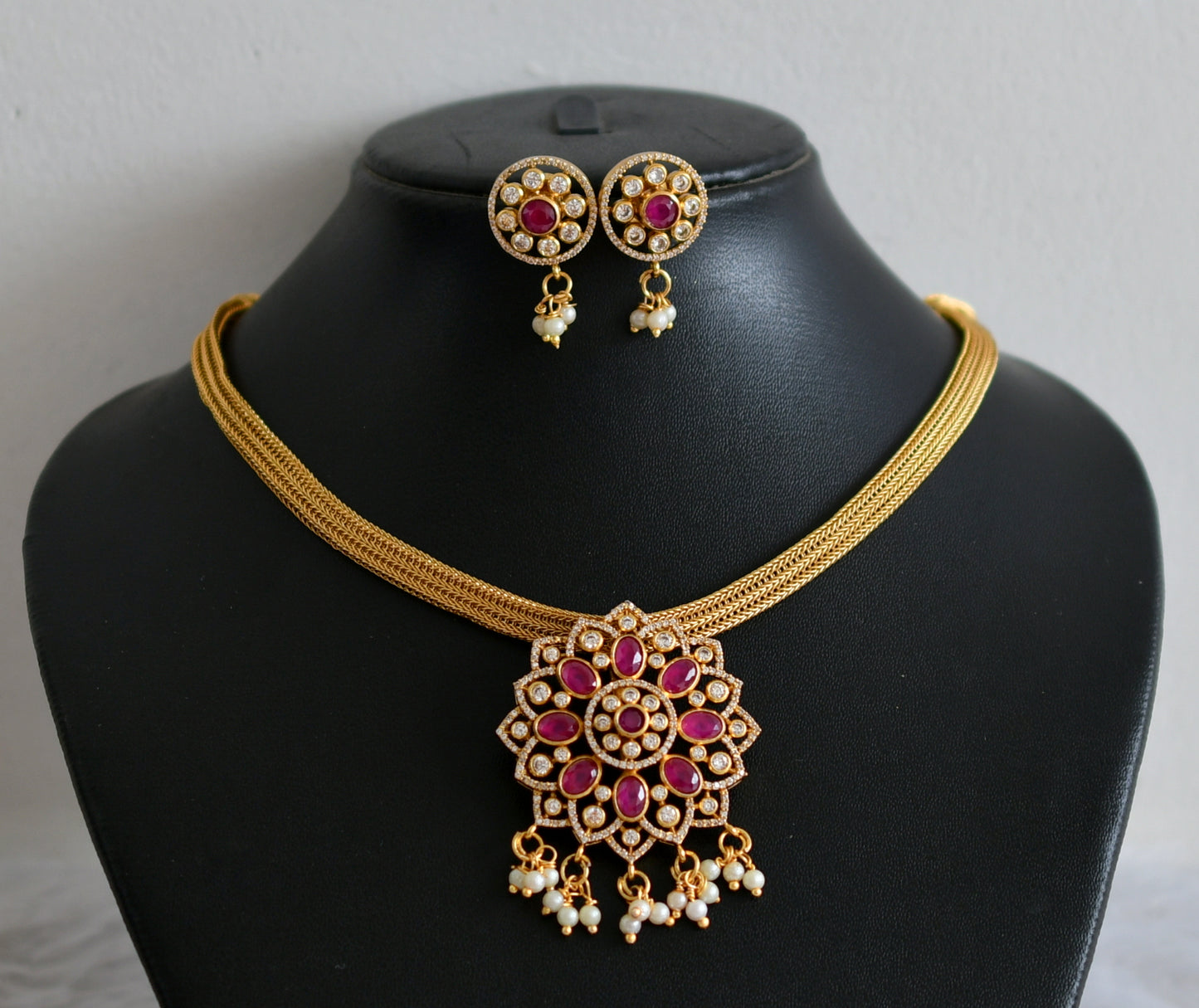 Matte finish cz ruby pearl cluster flower necklace set dj-48843