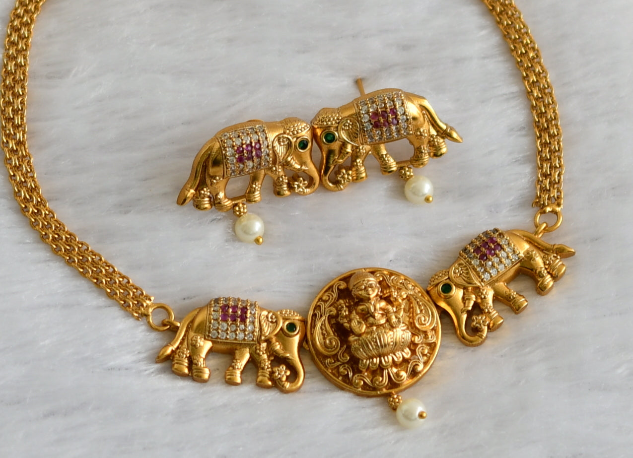 Matte finish ruby-green-white lakshmi-elephant choker necklace set dj-47050