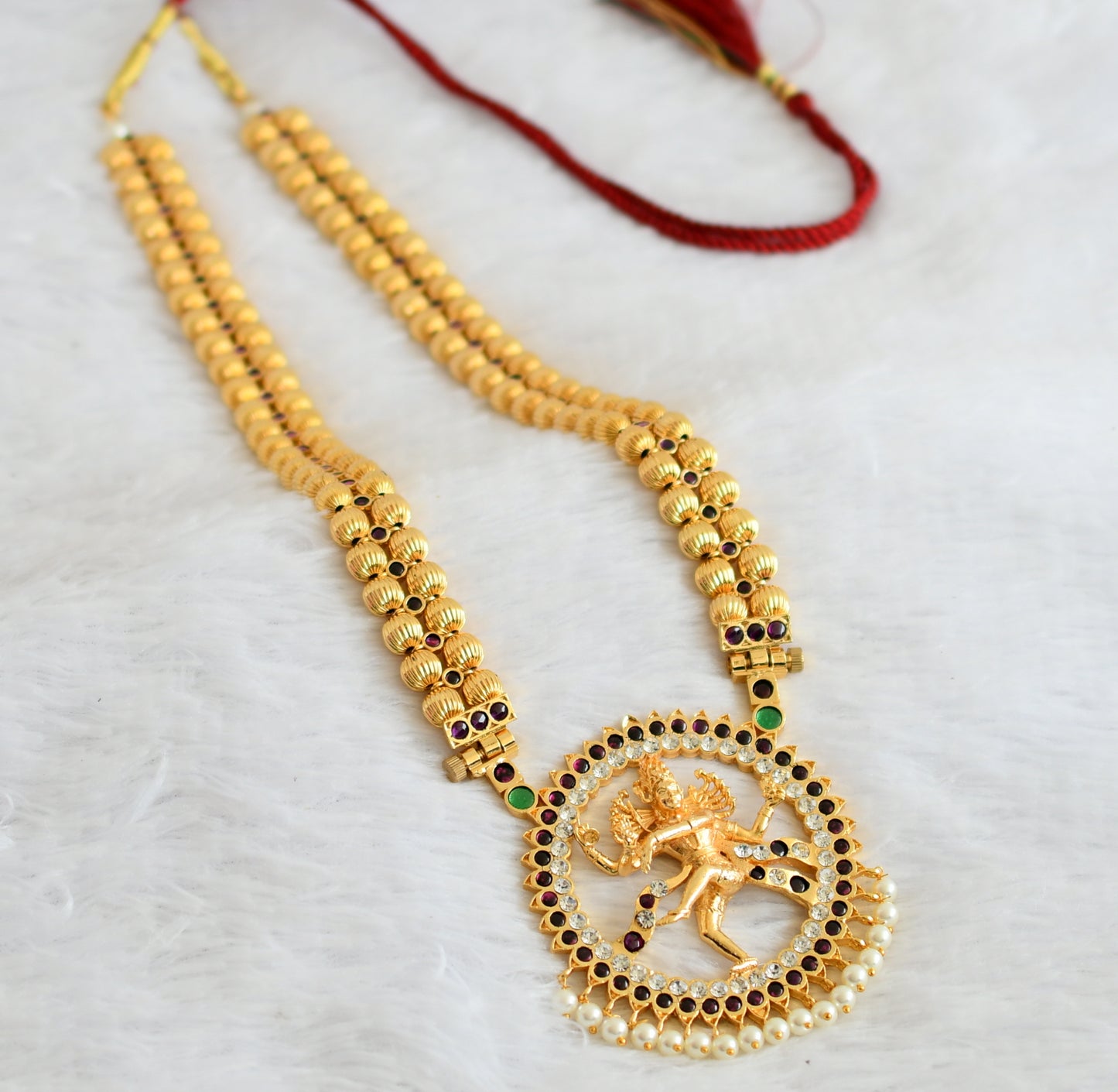 Gold tone precious kemp-green-white natarajar beaded haar dj-50786