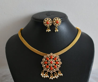 Matte finish cz coral pearl cluster flower necklace set dj-48847