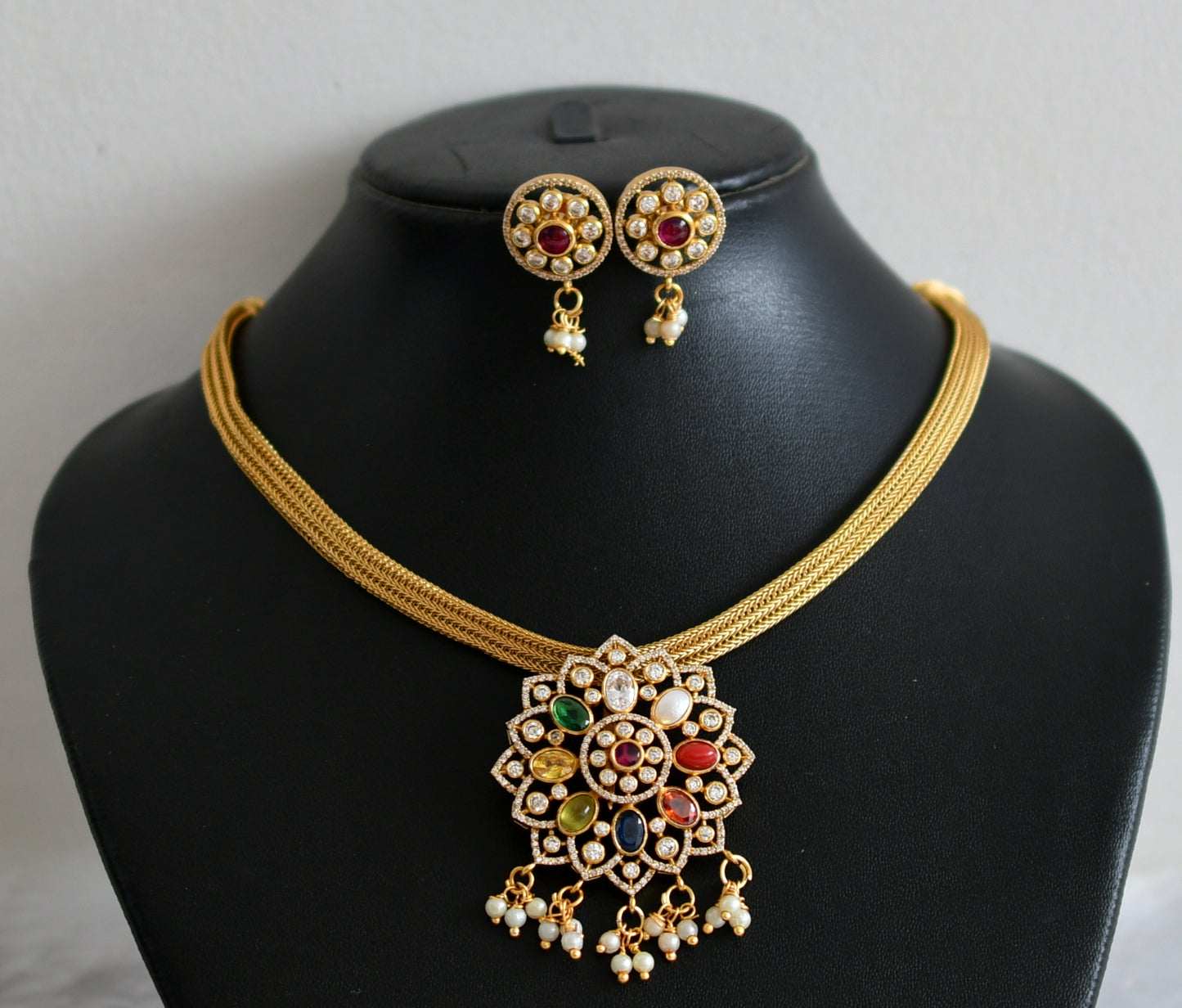 Matte finish cz navarathna pearl cluster flower necklace set dj-48848