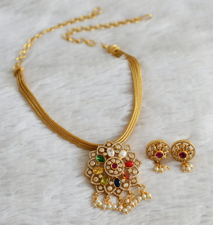 Matte finish cz navarathna pearl cluster flower necklace set dj-48848