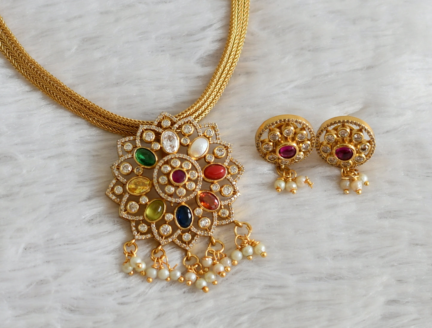 Matte finish cz navarathna pearl cluster flower necklace set dj-48848