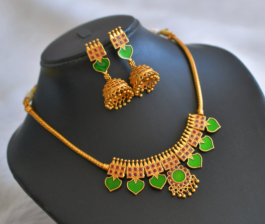 Matte finish red-green palakka kerala style necklace set dj-45405
