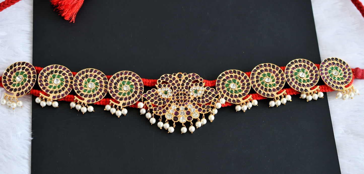 Gold tone precious kemp-green-white peacock pearl ganda berunda waist band dj-50789