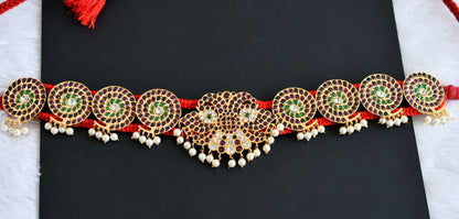 Gold tone precious kemp-green-white peacock pearl ganda berunda waist band dj-50789