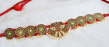 Gold tone precious kemp-green-white peacock pearl ganda berunda waist band dj-50789
