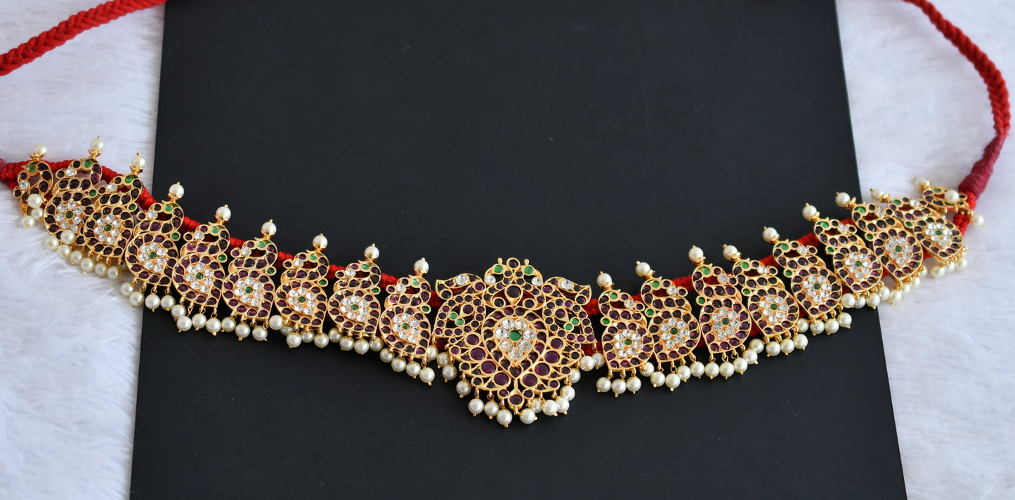 Gold tone precious kemp-green-white pearl peacock waist band dj-50788