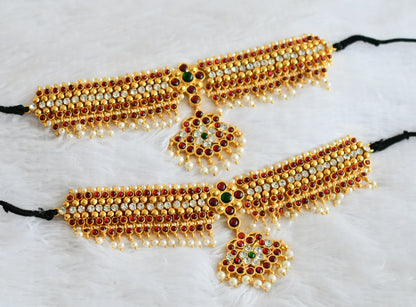 Gold tone kemp-green-white pearl bead armlets dj-50795