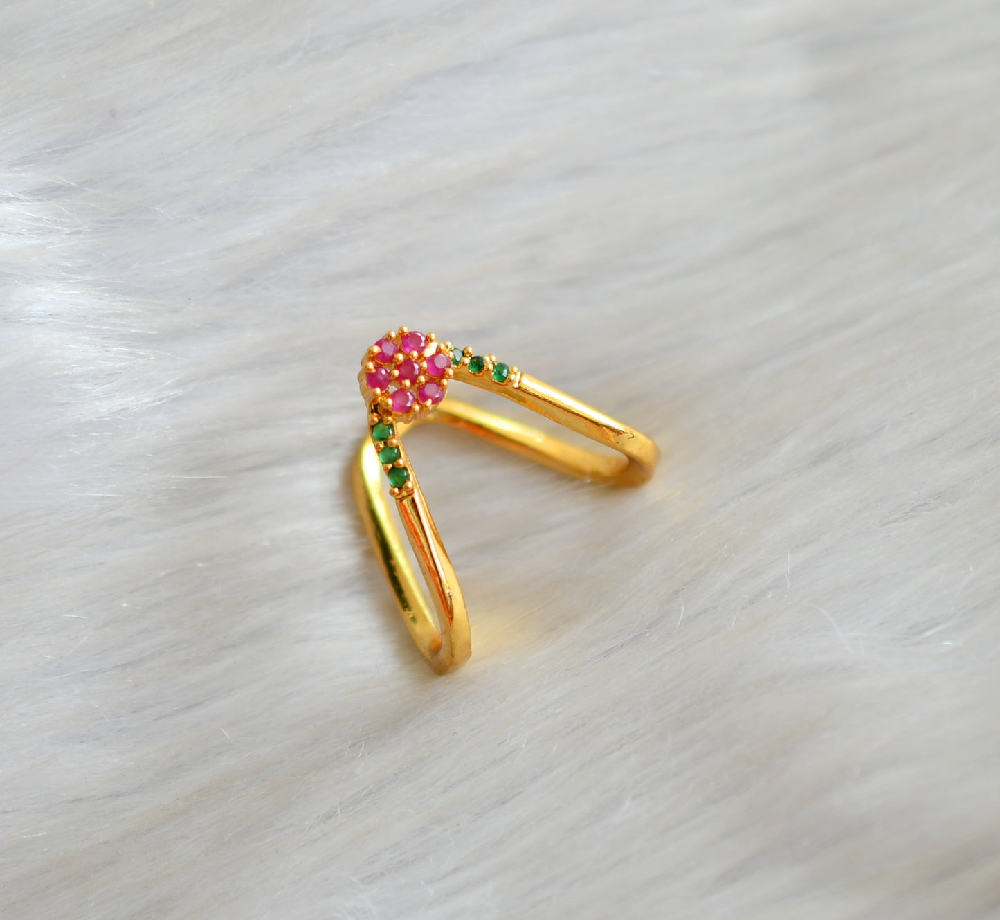 Gold tone ruby-green stone vanki finger ring dj-42443