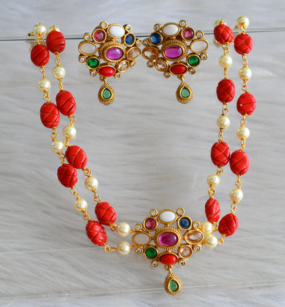 Matte finish navarathna stone coral-pearl bead choker necklace set dj-43741