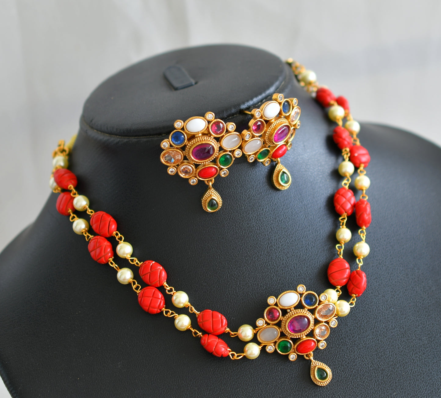 Matte finish navarathna stone coral-pearl bead choker necklace set dj-43741