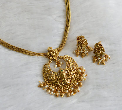 Antique gold tone green-white pearl cluster ganesha necklace set dj-47059