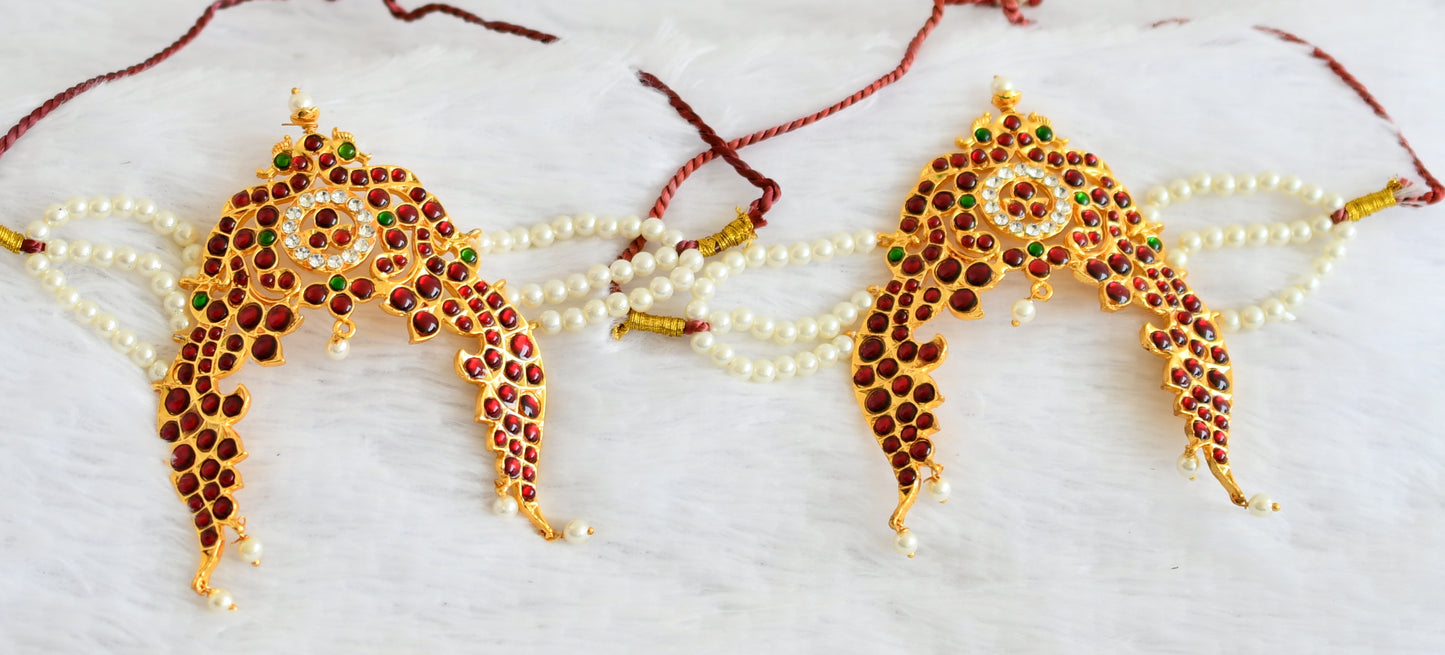 Gold tone kemp-green-white pearl peacock armlets dj-50807