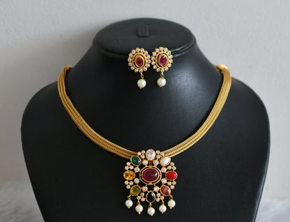 Matte finish cz navarathna oval stone necklace set dj-48842