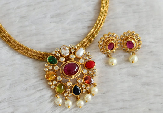 Matte finish cz navarathna oval stone necklace set dj-48842