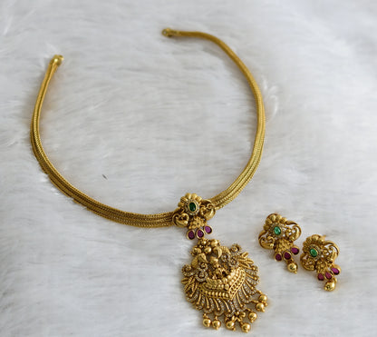 Antique gold tone ruby-green -white lakshmi peacock necklace set dj-47057