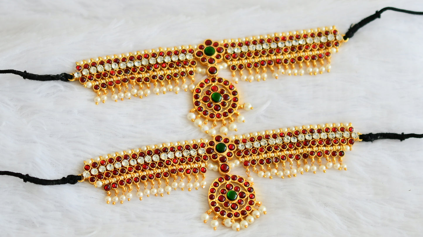 Gold tone kemp-green-white pearl bead armlets dj-50791